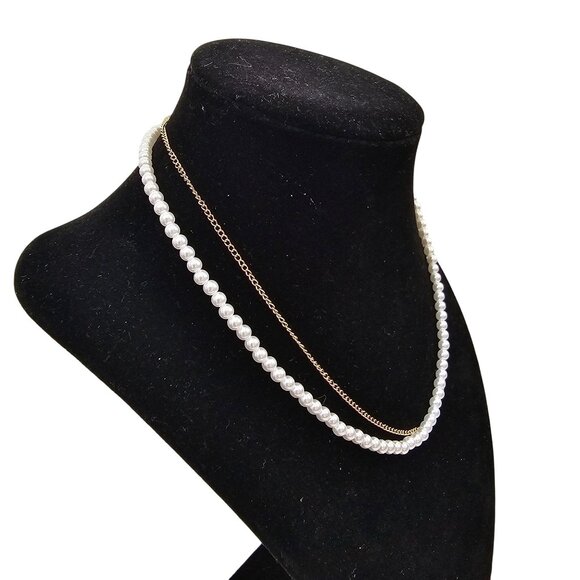 Double-Strand Pearl Chain Collar Necklace & Dainty Gold Chain 15"+3" - Picture 3 of 5